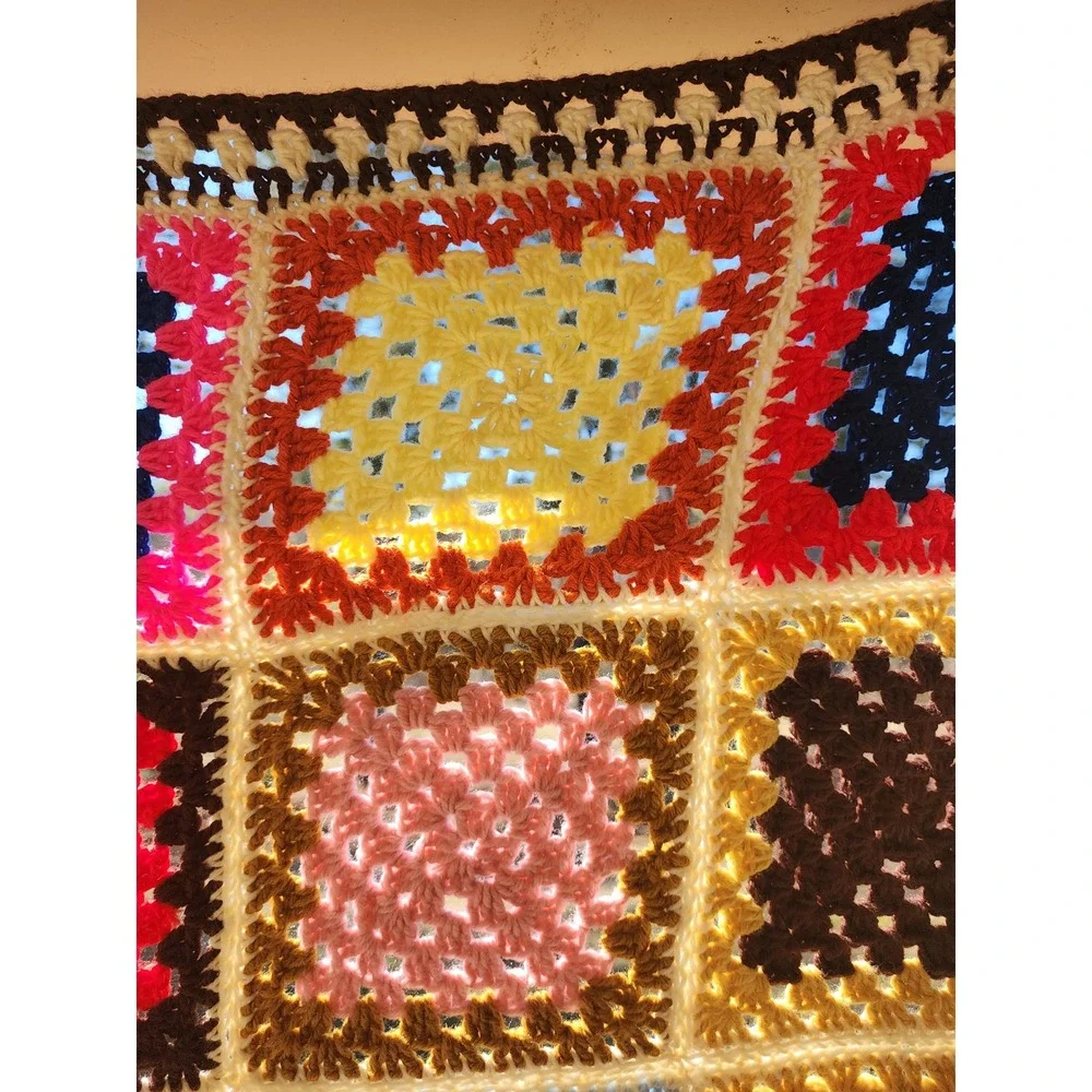 Handmade Vintage Style Crochet Granny Square Blanket Multi-Color Boho Throw